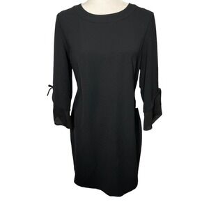 Chelsea28 Sz M Black Sheath Bateau Neck Tie Layered Sheer Panel Sleeves Dress